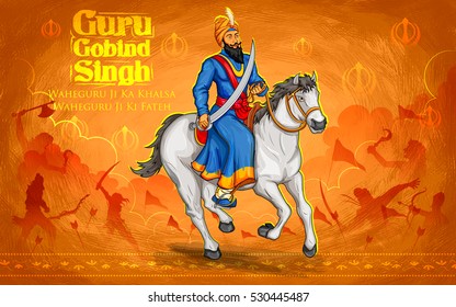 Happy Guru Gobind Singh Jayanti festival for Sikh celebration background with Punjabi text Waheguru ji ka khalsa Waheguruji ki fateh meaning Wonderful Lord's Khalsa, Victory is to the Wonderful Lord