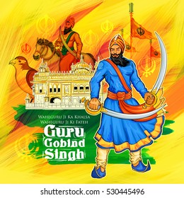 Happy Guru Gobind Singh Jayanti festival for Sikh celebration background with Punjabi text Waheguru ji ka khalsa Waheguruji ki fateh meaning Wonderful Lord's Khalsa, Victory is to the Wonderful Lord