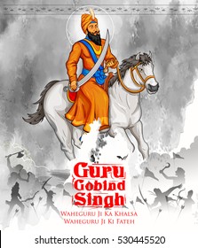 Happy Guru Gobind Singh Jayanti festival for Sikh celebration background with Punjabi text Waheguru ji ka khalsa Waheguruji ki fateh meaning Wonderful Lord's Khalsa, Victory is to the Wonderful Lord