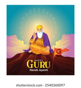 Feliz Guru Nanak Jayanti post criativo, Gurpurab, Um festival religioso da religião Sikh, ilustração vetorial de Gurunanak Dev ji