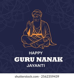 A Happy Guru Nanak Jayanti design featuring a gold outline illustration of Guru Nanak on a dark blue background with intricate floral patterns