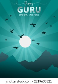 Happy Guru Nanak Jayanti festival of India. Amazing night scene of a full moon and birds over the mountains as design for greeting card or poster for Indian celebration of Guru Nanak's birthday.