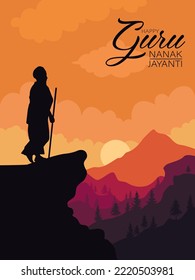 Happy Guru Nanak Jayanti festival of India. Sunrise over the mountains and silhouette of a man on the rock as design for greeting card or poster for Indian celebration of Guru Nanak's birthday.