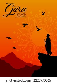 Happy Guru Nanak Jayanti festival of India. Sunrise over the mountains and silhouette of a man on the rock as design for greeting card or poster for Indian celebration of Guru Nanak's birthday.