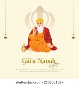 Feliz Guru Nanak Jayanti Post e cartão de saudação. Celebrando o Aniversário do Guru Nanak Dev Ji Banner Vetor Illustration