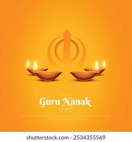 Feliz Gurú Nanak Jayanti Post y Tarjeta de Felicitación. Celebrando el cumpleaños de la Ilustración vectorial de Anuncio Gurú Nanak Dev Ji.