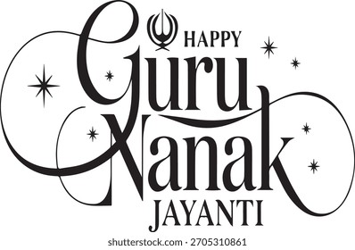 Feliz Guru Nanak Jayanti texto com símbolo Khanda sique e estrelas religião sikhismo