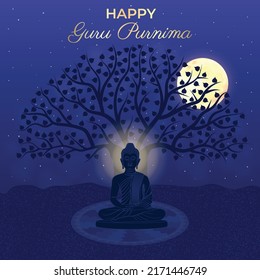 Happy Guru Purnima Gautama Buddha, Bodhi Tree, Moon, Night Sky, silhouette, stars, Mandala. Traditional Festival Poster Banner Design Template Vector Illustration. Social media, website, greeting card