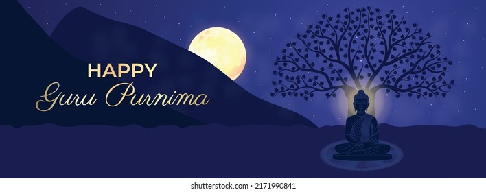 Happy Guru Purnima Gautama Buddha, Bodhi Tree, Moon, Night Sky, silhouette, stars, Mountains. Traditional Festival Horizontal Poster Banner Template Vector Illustration. Social media, website header