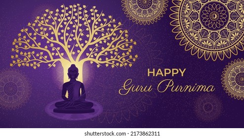 Happy Guru Purnima Gautama Buddha, Bodhi Tree, Golden Ornate Luxury Mandala Background. Traditional Festival Horizontal Poster Banner Template Vector Illustration. Social media post, website header