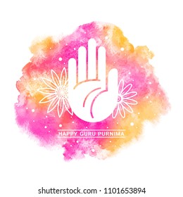 Happy Guru Purnima greeting card, watercolor illustration with flat style blessing hand, palm and stylized flowers. Watercolour rounded shape background, pink and orange colorful aquarelle stains.