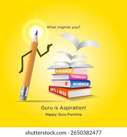 Happy guru purnima or teachers day. World modern youth skills development books, pencil and educational background illustration.