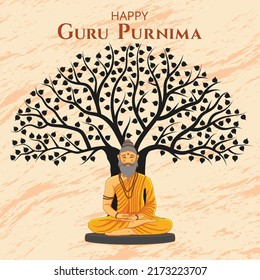 Happy Guru Purnima Traditional Hindu Festival Poster. Old monk or sage meditate sitting under tree Banner Design Vector Illustration. Social media post, website header, greeting card graphic resource 