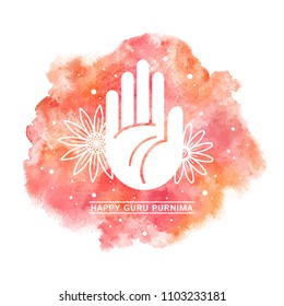 Happy Guru Purnima Watercolor Vector Illustration With Flat Style Simple Stylized Blessing Hand, Palm Icon. Greeting Card With Watercolour Rounded Shape Background, Red And Orange Aquarelle Stains.