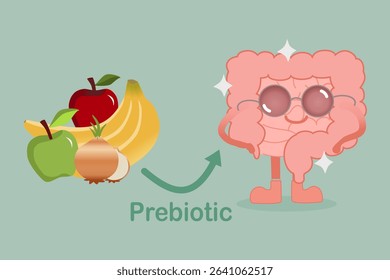 Happy Gut Character with Prebiotic Foods Like Banana, Apple, and Onion