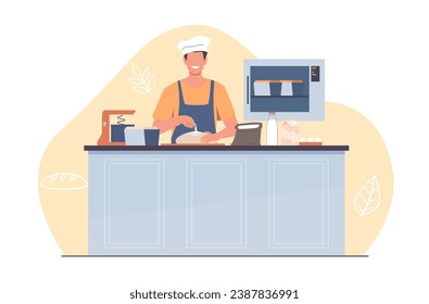 Happy guy in apron is making bread dough. Kitchen interior. Bakery culinary process, preparation floury food. Man cooking pastry. Male character cartoon flat isolated vector concept