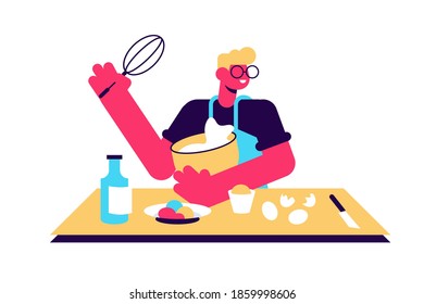 Happy guy in apron mixing ingredients preparing dough in bowl vector flat illustration. Smiling man cooking dessert at kitchen table isolated on white. Preparation homemade pastry or baking