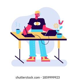 Happy guy in apron mixing ingredients preparing dough in bowl vector flat illustration. Smiling man cooking dessert at kitchen table isolated on white. Preparation homemade pastry or baking