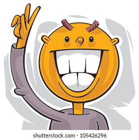 Happy guy with big white teeth smiling and showing sign of victory