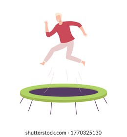 Happy Guy Bouncing on Garden Trampoline, Active Healthy Lifestyle, Summer Time Attraction Flat Style Vector Illustration