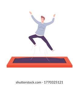 Happy Guy Bouncing on Trampoline, Active Healthy Lifestyle, Summer Time Attraction Flat Style Vector Illustration