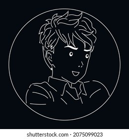 Happy guy or boy in black and white. Avatar with a smile.Vector illustration in manga style. 