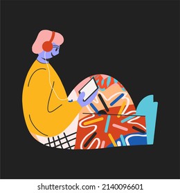 Happy guy in bright clothes listens to music on the phone. Modern illustration, cartoon style, flat design. vector illustration.