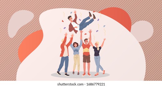 Happy guy celebrating birthday. Friends tossing mate in air flat vector illustration. Party, friendship, event, fun concept for banner, website design or landing web page