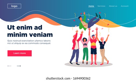 Happy guy celebrating birthday. Friends tossing mate in air flat vector illustration. Party, friendship, event, fun concept for banner, website design or landing web page