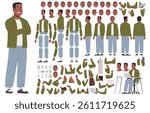Happy guy character constructor. Cheerful African American man in casual clothes. Set of body arms legs positions for creating animations and illustrations. DIY set. Vector illustration