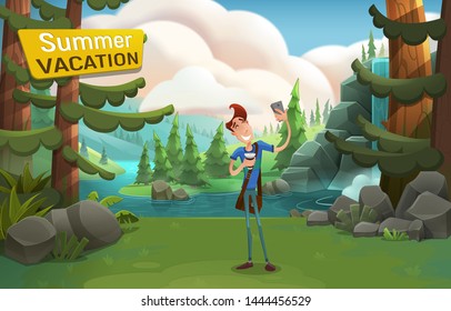 Happy guy character making selfie with coffee on nature background with mountains, forest, fields, river and waterfall. Vector illustration of summer time.