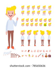 Happy guy character for your scenes. Character creation set with various views,  face emotions, lip sync, poses and gestures. Parts of body for design work and animation.