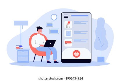 Happy guy choosing furniture in online store. Smartphone, laptop, home flat vector illustration. Vacation and digital technology concept for banner, website design or landing web page