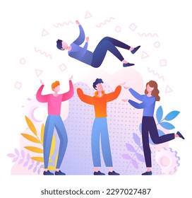 Happy guy with crowd. Colleagues toss man. Metaphor for winner in competition and successful worker or entrepreneur. Positivity and optimism, friendly staff. Cartoon flat vector illustration