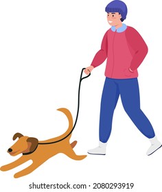 Hombre feliz con el personaje vector de color semiplano del perro. Figura de caminata. Persona de cuerpo entero sobre blanco. Ilustración de estilo de dibujos animados modernos aislados en temporada de invierno para diseño gráfico y animación