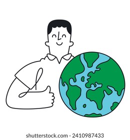 Happy Guy Embracing Earth. Environmental Care and Unity - Doodle style with an editable stroke.