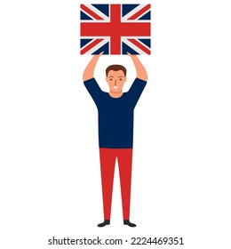 Un hombre feliz con la bandera engalanada. Hombre con la bandera en el asta de gran bretaña. Bandera del Reino Unido sosteniendo en la mano. Patriota de Gran Bretaña. Aislado en el fondo blanco. Ilustración plana vectorial.