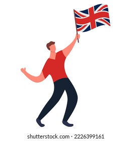 Happy guy england flag.Man with flag in pole of great britain.United Kingdom flag holding in hand.Patriot of BritainIsolated on white background.Vector flat illustration.