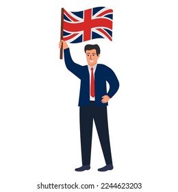 Happy guy england flag.Man with flag in pole of great britain.United Kingdom flag holding in hand.Patriot of BritainIsolated on white background.Vector flat illustration.