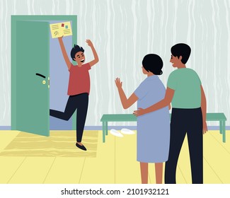 A happy guy entered an educational institution. The applicant is glad to receive a letter from the educational institution. Parents are happy for their children. Cartoon flat vector illustration.