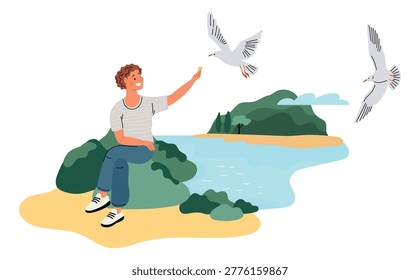 Happy guy feeds seagulls at beach. Summer sea relax. Man gives food to birds in park. Ocean shore. Person feeding gulls at seashore. Marine vacation. Fly animals. Outdoor rest. Garish vector concept