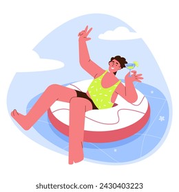 Happy guy floating at a resort on an inflatable ring in the pool with a cocktail in his hands. Enjoying summer time, vacation, holidays, flat design vector character cartoon illustration.