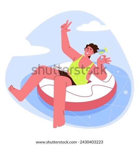 Happy guy floating at a resort on an inflatable ring in the pool with a cocktail in his hands. Enjoying summer time, vacation, holidays, flat design vector character cartoon illustration.