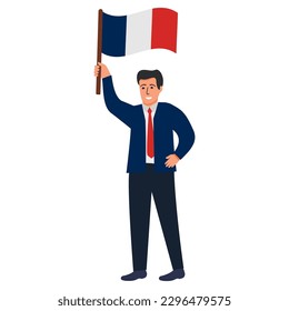 Hombre feliz con la bandera de francia. Hombre con la bandera en el asta de gran bretaña. Bandera de Francia sosteniendo en la mano. Aislada en el fondo blanco. Ilustración plana vectorial. Ataque francés.