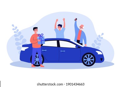 Happy guy getting car as birthday present. Vehicle, friend, grandfather flat vector illustration. Holiday and celebration concept for banner, website design or landing web page