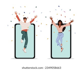 Happy guy and girl jump out of the smartphone screen, the concept of good luck, victory in a new business, business, sale. Flat vector illustration isolated on white background.