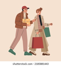 Happy guy with girl in outerwear go and carrying gift boxes, shopping bags, prepare to celebrate Xmas and New Year. Hand drawn color vector illustration isolated on background. Flat cartoon style.