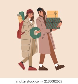 Happy guy with girl in outerwear go and carrying gift boxes, advent wreath, prepare to celebrate Xmas and New Year. Hand drawn vector illustration isolated on light background. Flat cartoon style.