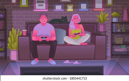 Happy guy and girl play video games on the game console. A couple of young people have fun together in the evening. Leisure. Vector illustration in flat style