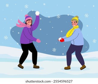 Happy guy and girl playing snowballs, Fun winter games., Christmas card. Vector illustrations in cartoon style.